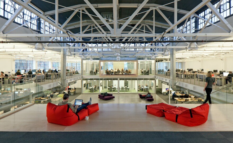 A view of the central area of Atlassian's office in San Francisco. The software company found that desks were used only 20 percent of the workday — half as much as conference rooms were used.