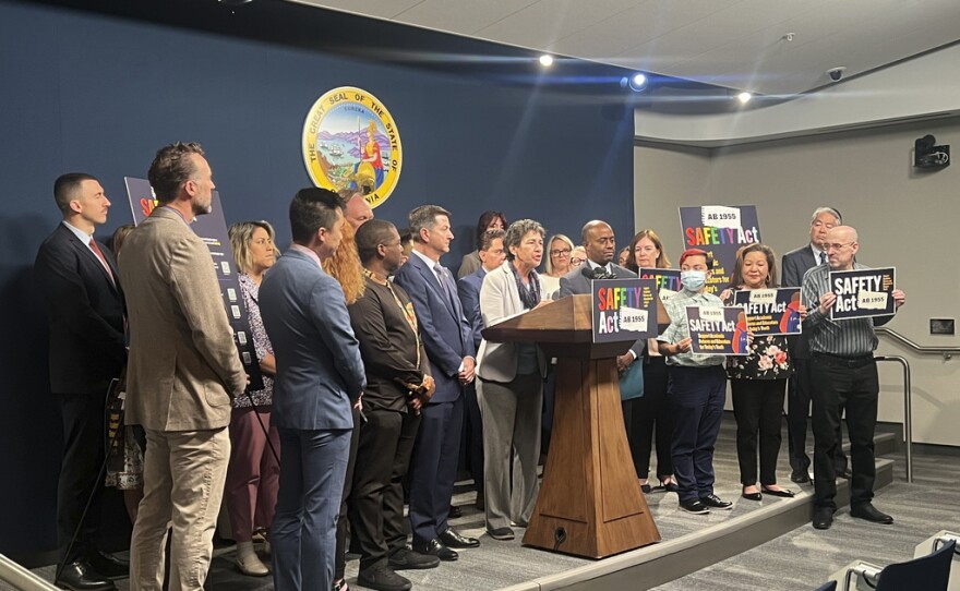 The California Legislative LGBTQ Caucus announces legislation at a press conference on Wednesday, May 22, 2024, to ban school districts from forcing schools to notify parents if their child requests to change their gender identification in Sacramento, Calif. The California Senate has approved a bill, Thursday, June 13, that would ban school districts from forcing teachers to notify parents if their child asks to go by a new pronoun at school.