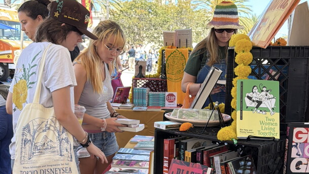 Attendees browse books at the 2026 KPBS San Diego Book Festival at the University of San Diego on Aug. 22, 2026.