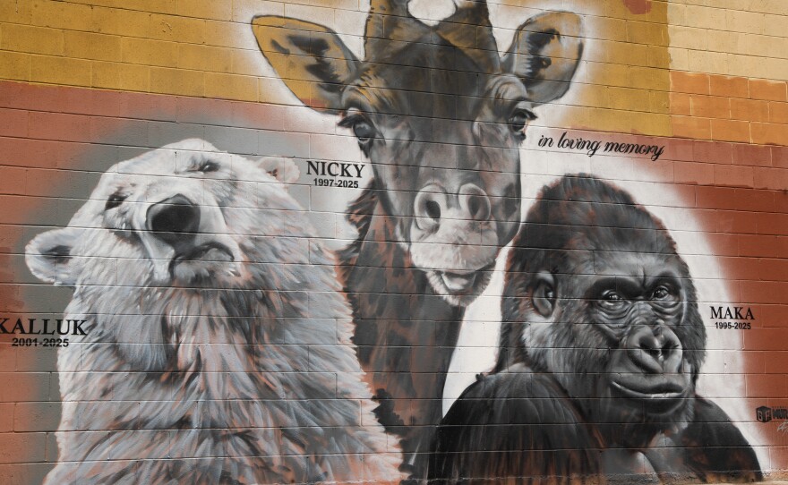 Ground Floor Murals' completed tribute to Kalluk the polar bear, Nicky the Masai giraffe and Maka the gorilla, longtime San Diego Zoo residents. Aug. 25, 2025.