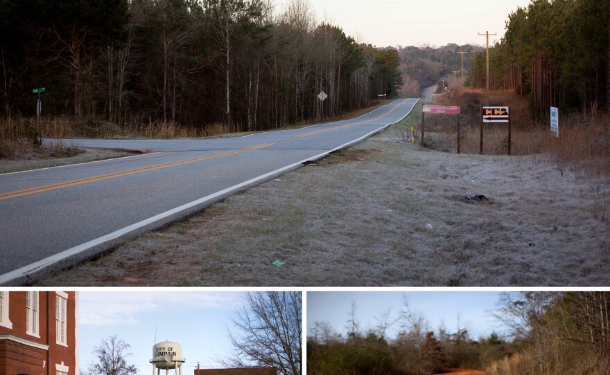 (Top) Signs point to the entrance to the Stewart Detention Center. (Bottom) Scenes from the town of Lumpkin, Ga.