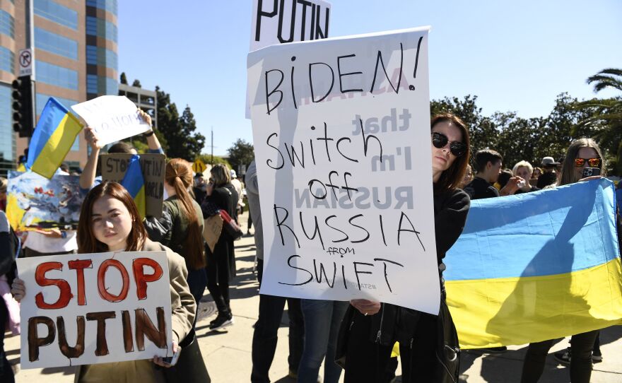 Demonstrators protest in support of Ukraine, in Los Angeles, on February 24, 2022.