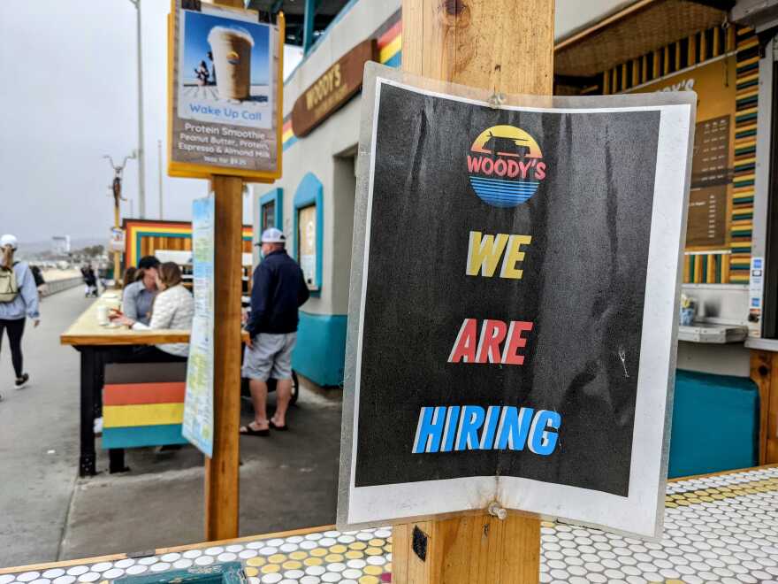  A hiring sign at Woody's in Mission Beach, May 17, 2021.