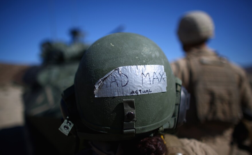 The back of marine Lance Cpl. Paula Pineda's helmet, which reads "Mad Max."