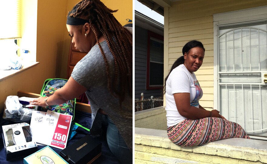 (Left) Danielle Molett sorts through school supplies she purchased for her three children, a cost that absorbed most of that month's welfare check. (Right) Natasha Williams on the porch of her apartment in New Orleans. Last year, she was homeless and lived in her car, but she still didn't receive welfare.