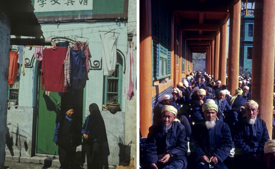 Left: The entrance to a women's-only mosque in the town of Jiaxing near Shanghai, in the 1980s. Female-only mosques were once common in Chinese Muslim communities. Right: Hui Muslim men in Xining's Dongguan Mosque in 1983. Hui Muslims number about 10.5 million, less than 1% of China's population.