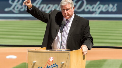 Former Los Angeles Dodgers pitcher Tommy John praises his late friend, Dr. Frank Jobe, during a 2014 memorial service at Dodger Stadium in Los Angeles.
