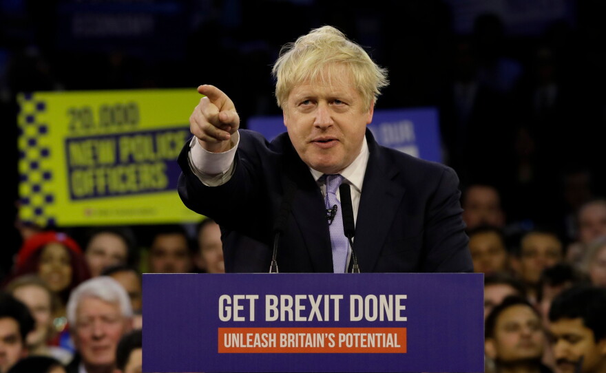 Britain's Prime Minister Boris Johnson speaks during his ruling Conservative Party's final election campaign rally at the Copper Box Arena in London, Wednesday, Dec. 11, 2019.