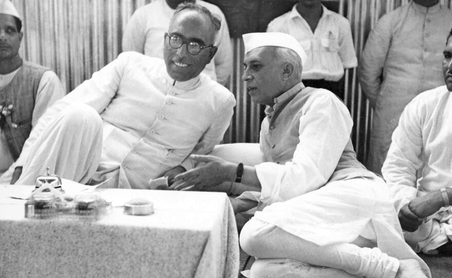 Indian Prime Minister Jawaharlal Nehru (right) talks with Kashmir Prime Minister Sheikh Mohamed Abdullah, in New Delhi, India, in 1951.
