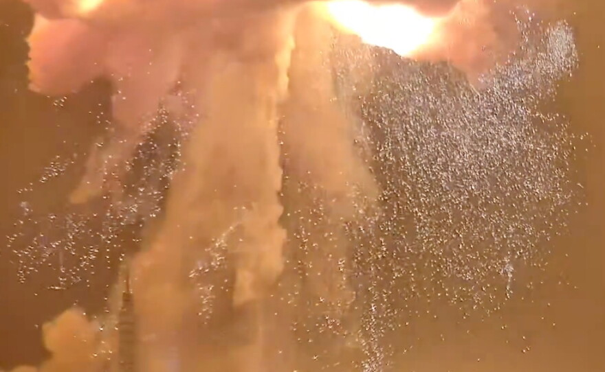A Blue Origin New Glenn rocket explodes during an engine-firing test on Thursday, May 28, 2026, in Cape Canaveral, Fla.