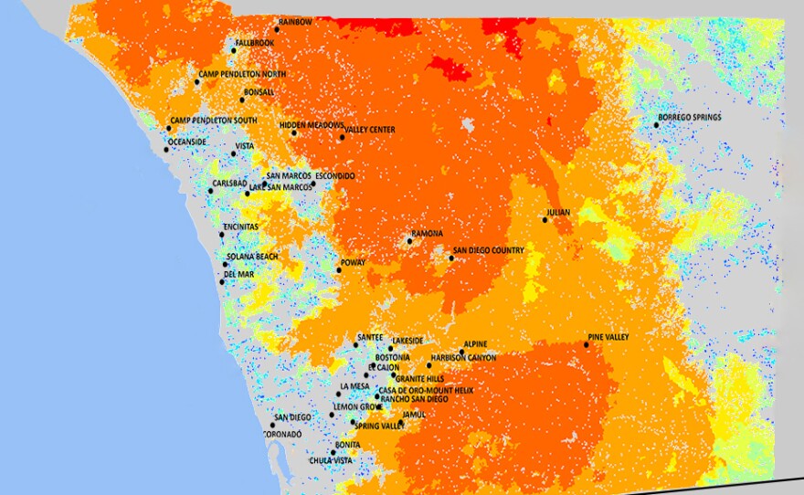 This fire map from the U.S. Forest Service shows parts of San Diego and Riverside counties as having some of the nation's highest risk for wildfires — a 6-12 percent chance each year.