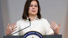FILE -Philippine Vice President Sara Duterte gestures as she speaks during a press conference in Manila, Philippines on Friday, Feb. 7, 2025.