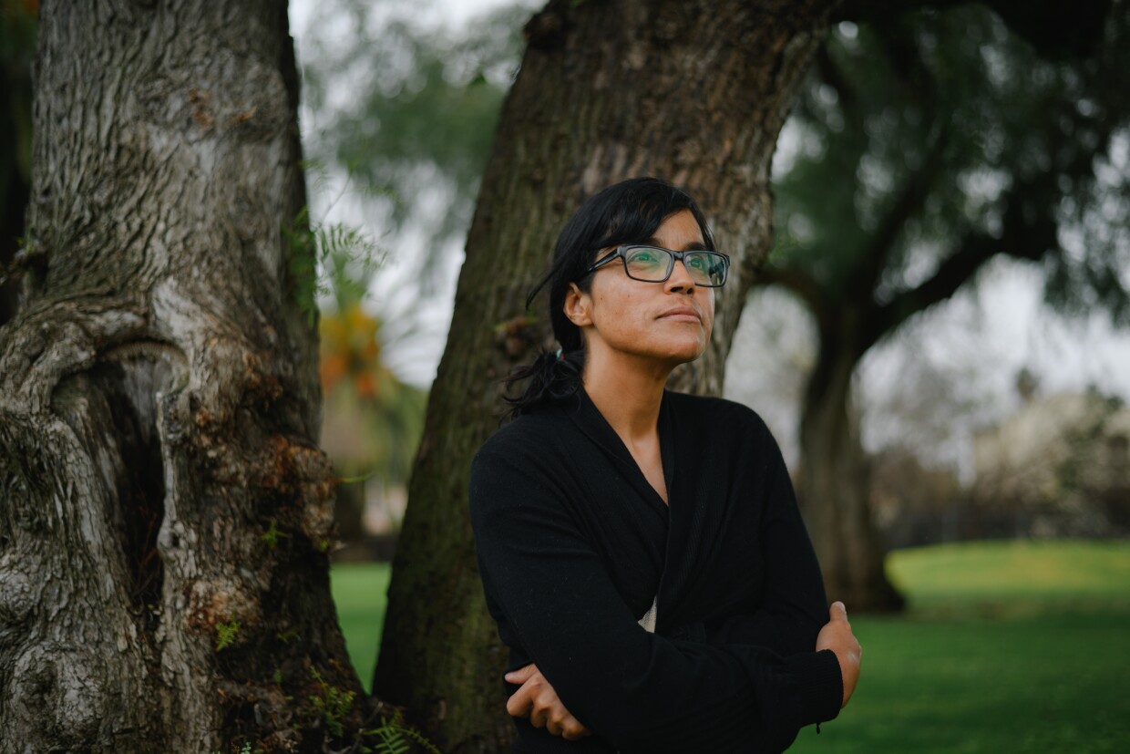 Andee Lopez, a transgender rights’ advocate and former employee of the Imperial Valley LGBT Resource Center, stands for a portrait at Montezuma Park in San Diego, California on February 13, 2025.