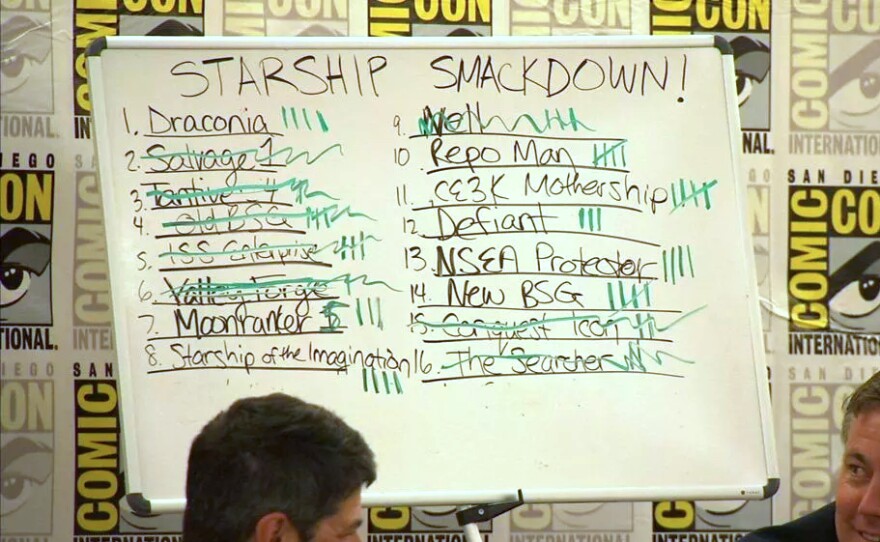 Starship Smackdown is like March Madness for sci-fi geeks. Here a whiteboard held the standings for the sixteen spacecrafts in the competition back in 2011. July 24, 2011.