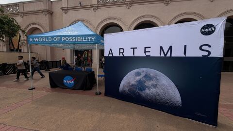 An ARTEMIS display is shown outside Fleet Science Center in Balboa Park on Thursday, April 9, 2026.