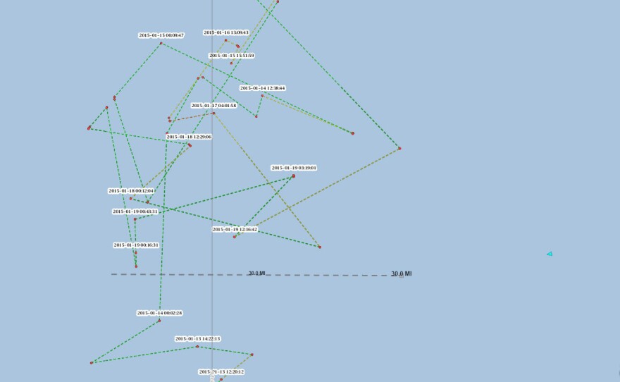 SkyTruth followed the ship Shin Jyi Chyuu 33 during one week last month. Planes are connected to a satellite network just like ships, but the information is only collected if the airline pays for it.