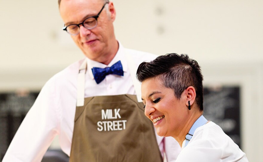 Chris Kimball with Rayna Jhaveri on the MILK STREET TELEVISION set.