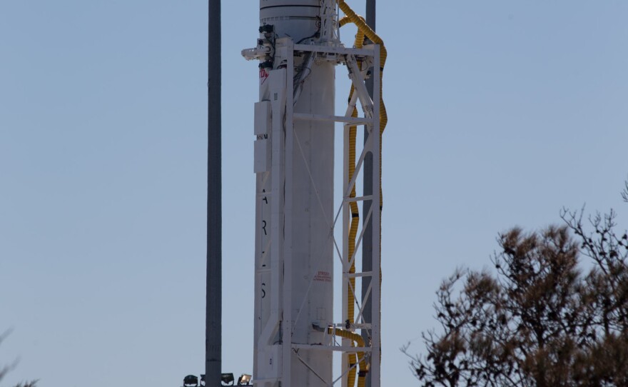 The Antares rocket sits ready for launch at NASA's Wallops Flight Facility.