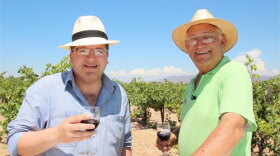 Host Jorge Meraz gets a tour with owner David Bibayoff Dalgoff at the Russian vineyard and winery Bibayoff in Valle de Guadalupe.
