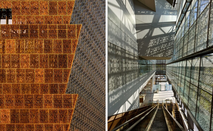 Detail of the museum's lattice work and light through the 3,600 panels of shimmering, bronze filigree that sheath the glass building.