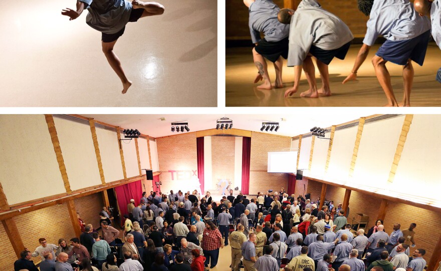 Dancers at the Marion Correctional Center in Marion, Ohio, top, perform onstage at a TEDx event in 2015. Attendees and speakers at the event included prison inmates and visitors.