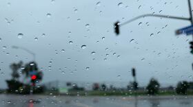Rain from a winter storm on a car windshield in San Diego, Jan. 14, 2019. 