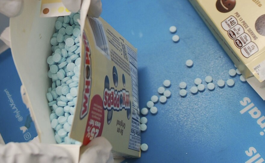 This image provided by the Los Angeles County Sheriff's Department shows suspected fentanyl pills seized at the Los Angeles International Airport Wednesday, Oct. 19, 2022 in Los Angeles.
