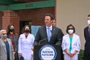 County Supervisor Nathan Fletcher at a May 26, 2022 news conference highlighting available treatment options for COVID-19 in front of the Monoclonal Antibody Regional Center in Clairemont Mesa.