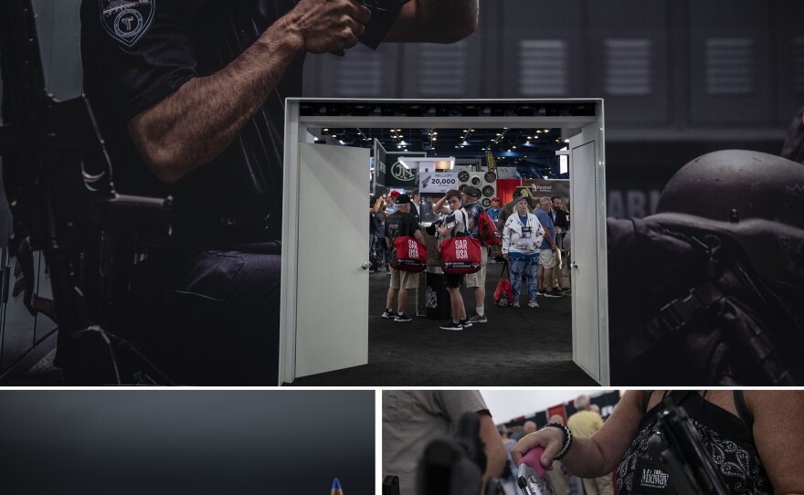 (Top photo) People look at the exhibits. (Bottom left) Bullets are displayed. (Bottom right) A woman holds a gun on display.