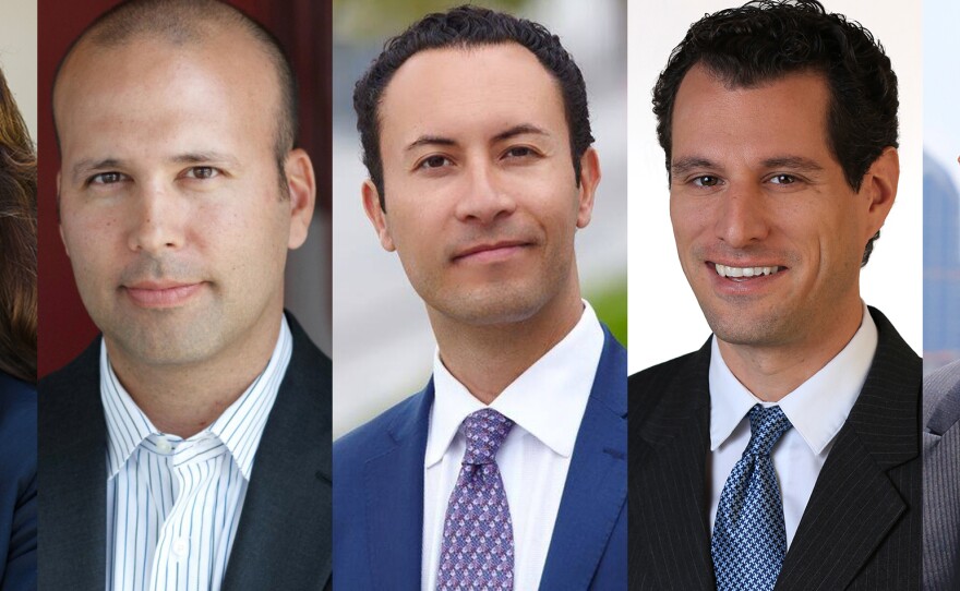 The candidates running for San Diego city attorney. From left to right: Mara Elliot, Gil Cabrera, Rafael Castellanos, Bryan Pease, Robert Hickey.