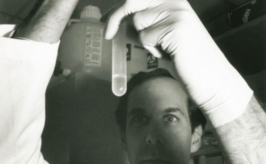 Dr. Brian Druker, who led the development and clinical trials of the cancer drug Gleevec, in a lab, c. 2001.