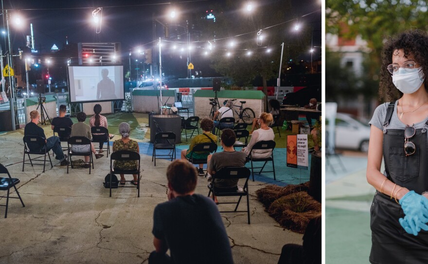 The Scribe Video Center's movie screenings travel to neighborhoods in Philadelphia and Camden. The center has been sponsoring screenings for 23 years, and producer Nehad Khader (right) says they wanted to continue the tradition in 2020. So they limited each audience to a scattered 50 people, to accommodate social distancing.