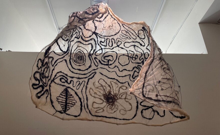 Natalia Ventura's "Arropada" is shown in a July 2, 2022 photo at The Front gallery in San Ysidro. The intricate patterns are woven from human hair.