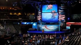 A view of the stage as workers continue to setup during preparations for the Democratic National Convention at Time Warner Cable Arena on September 3, 2012 in Charlotte, North Carolina.