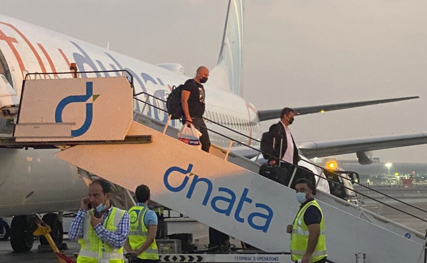 Israeli tourists deplane from a FlyDubai flight from Tel Aviv to Dubai, on Nov. 28.