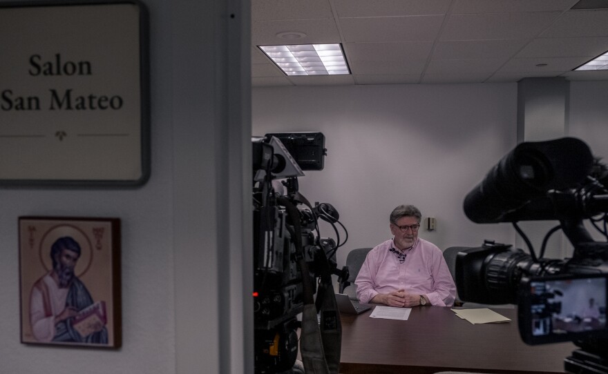 Diocese spokesperson Kevin Eckery fields questions about potentially filing for bankruptcy, Feb. 10, 2023.