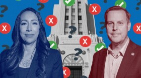 A photo illustration depicts Imperial Beach Mayor Paloma Aguirre and Chula Vista Mayor John McCann with red X emojis, green check emojis and question mark emojis floating around them. The tower of the San Diego County Administration Building is in the background.