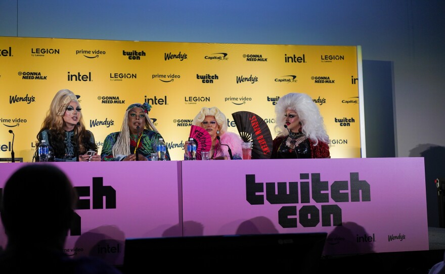 Drag performers (from left to right) DEERE, Londyn Bradshaw, Marisol Lords and Biqtch Puddin' speak at a panel called "Drag Cyber Space" on Oct. 8, 2022. The panel discussion focused on the pandemic forcing drag performers to make the transition to Twitch so that they could continue to live their passion and find a new way to engage with audiences and their community.