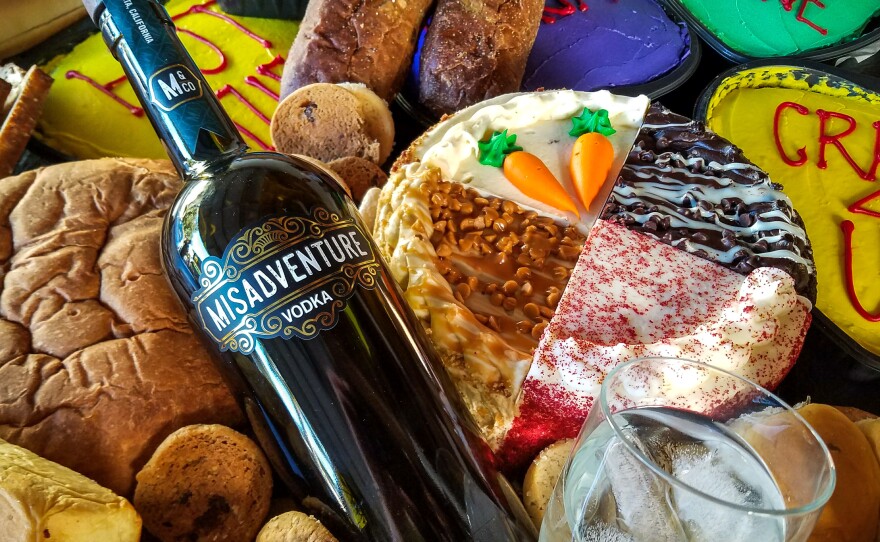 A bottle of Misadventure Vodka, which is made out of disregarded baked goods like cake and bread. The southern California distillery reduces food waste while also creating premium vodka.
