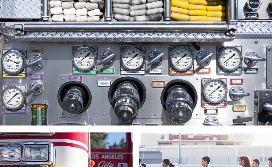 Clockwise from the top: Hoses piled neatly on a firetruck at Banning High School's firefighting program in Los Angeles; students line up for exercises; helmets stacked on the bumper of a fire truck.