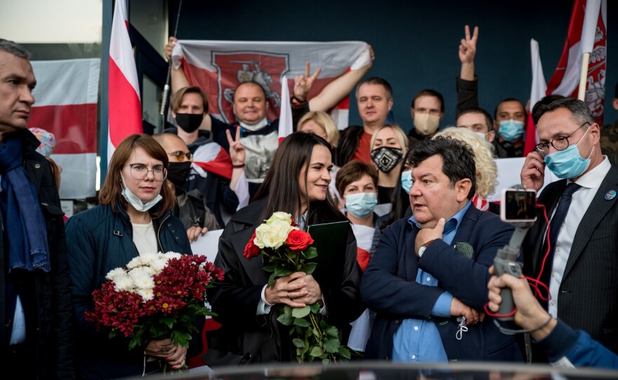 Svetlana Tikhanovskaya, an opposition presidential candidate in Belarus who was exiled after a disputed election in 2020, is pictured in Lithuania later that year.