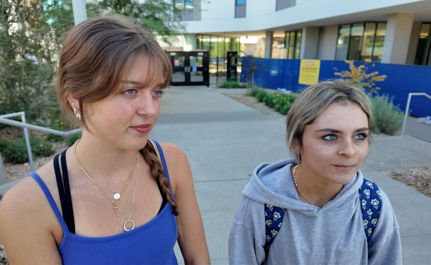 Freshmen roommates Larissa Millikan (left) and Faye Dumont stand out front of their dormitory Black Oak Hall on CSUSM campus, Oct. 9, 2026.