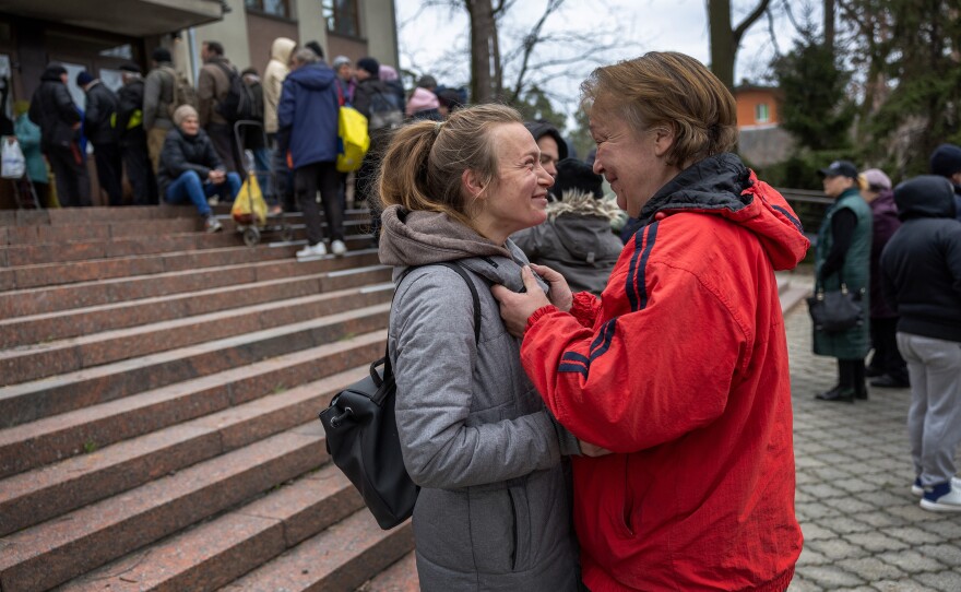 <strong>April 20:</strong> Natalia, 50, (right) greets her daughter Nadia (left) after she returned to her hometown of Bucha, Ukraine. She had evacuated to western Ukraine early in the conflict but later returned to widespread damage in the Kyiv suburb.