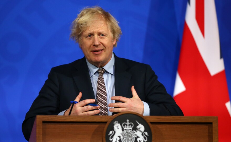 Britain's Prime Minister Boris Johnson gives an update on the coronavirus pandemic during a virtual news conference in London on Monday. Johnson and other world leaders signed a letter calling for greater international cooperation in fighting future pandemics.
