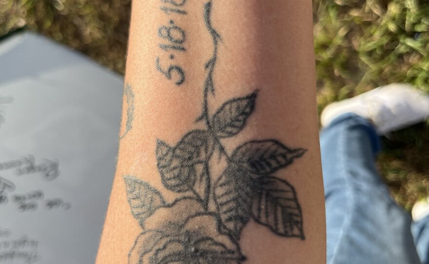 Reagan Gaona's rose tattoo includes the date of the Santa Fe High School shooting: May 18, 2018. Her boyfriend, Chris Stone, was among those killed.