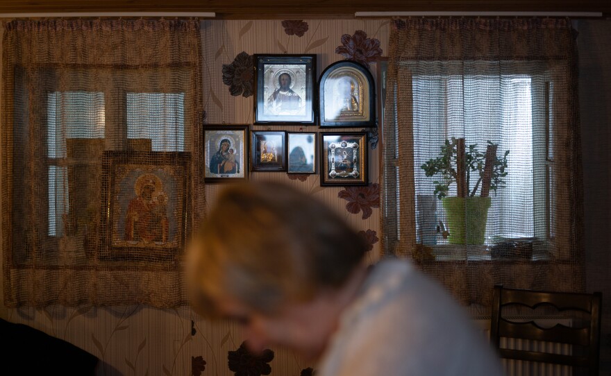 Religious icons are framed in a home for the elderly in Khurvaleti, Georgia.