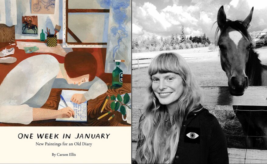 The cover for "One Week in January" (left) is shown next to author and artist Carson Ellis (right).
