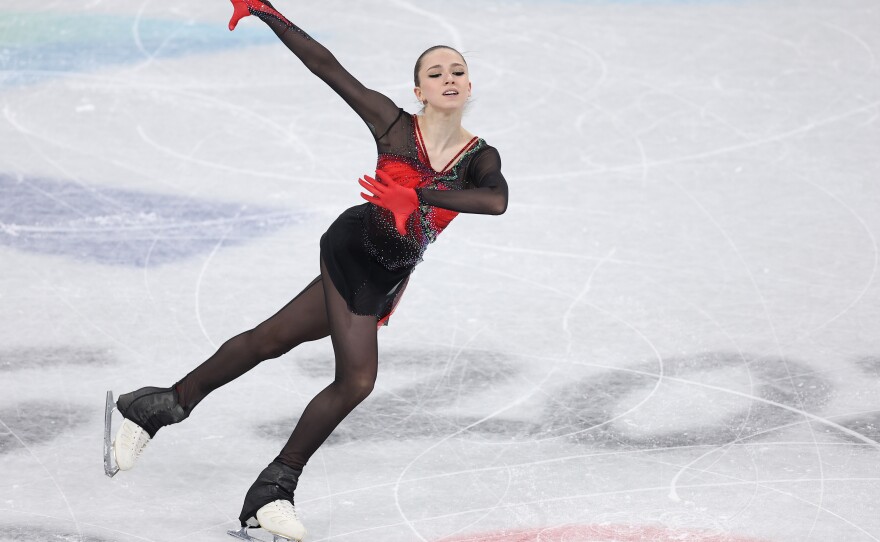 Kamila Valieva skates during the women single skating free skating team event. She is the first woman to land a quad jump in Olympic history.