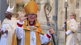 Sarah Mullally waves as she leaves after the Enthronement Ceremony installing her as archbishop of Canterbury in Canterbury, England on Wednesday, March 25, 2026. She is the first woman ever to lead the Church of England.