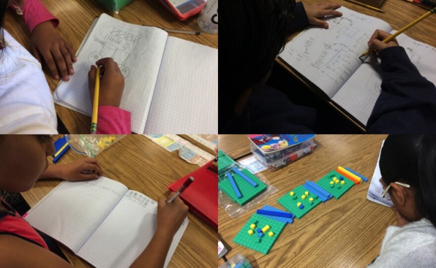 Perkins Elementary School students in Mymy Chau's fourth-grade class solve a division problem four different ways, March 2, 2017.